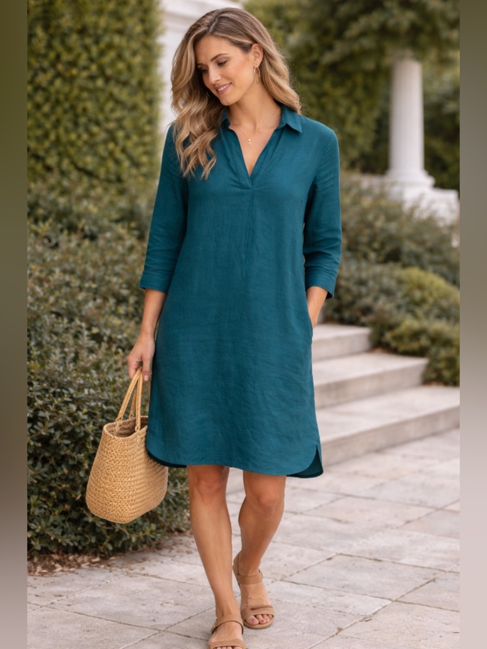 J. Jill 100% Linen Stylish Long Tunic Dress in Dark Teal Size Small